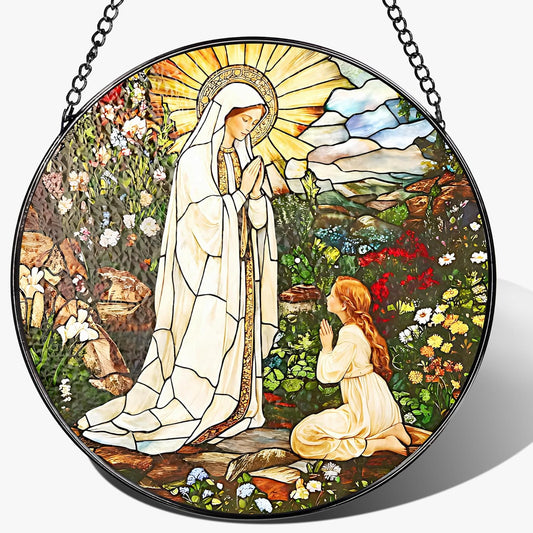8 Inch Lady of Lourdes Stained Glass Suncatcher, Stained Glass Window Hanging, Virgin Mary