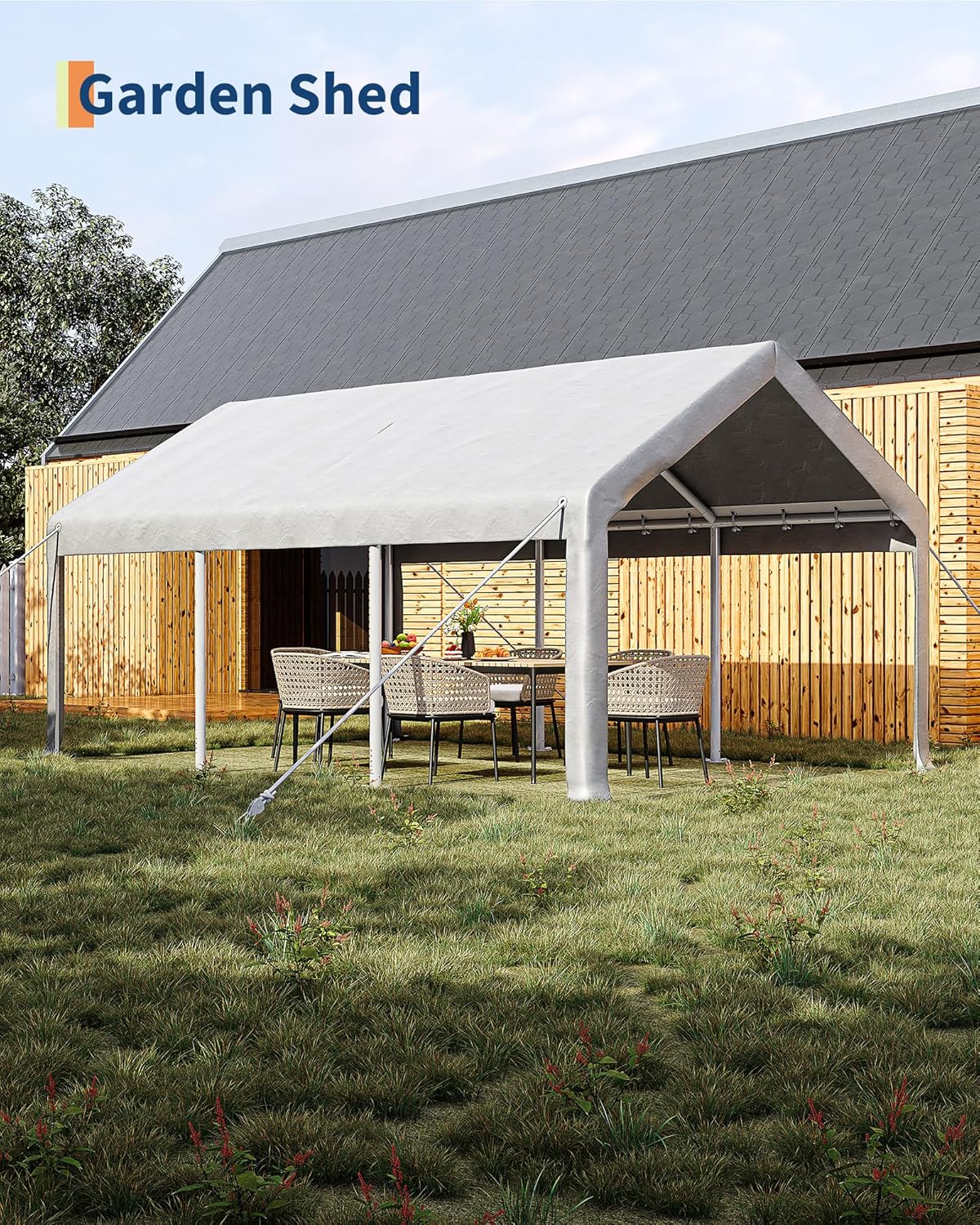 GarveeLife 10x20 ft Carport, Car Port with 200 g PE Tarp, Roll-Up Doors, and 4 Windows, for Sedans, Bass Boats, Motos, ATVs, and SUVs, White