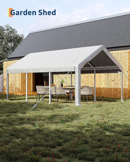 GarveeLife 10x20 ft Carport, Car Port with 200 g PE Tarp, Roll-Up Doors, and 4 Windows, for Sedans, Bass Boats, Motos, ATVs, and SUVs, White
