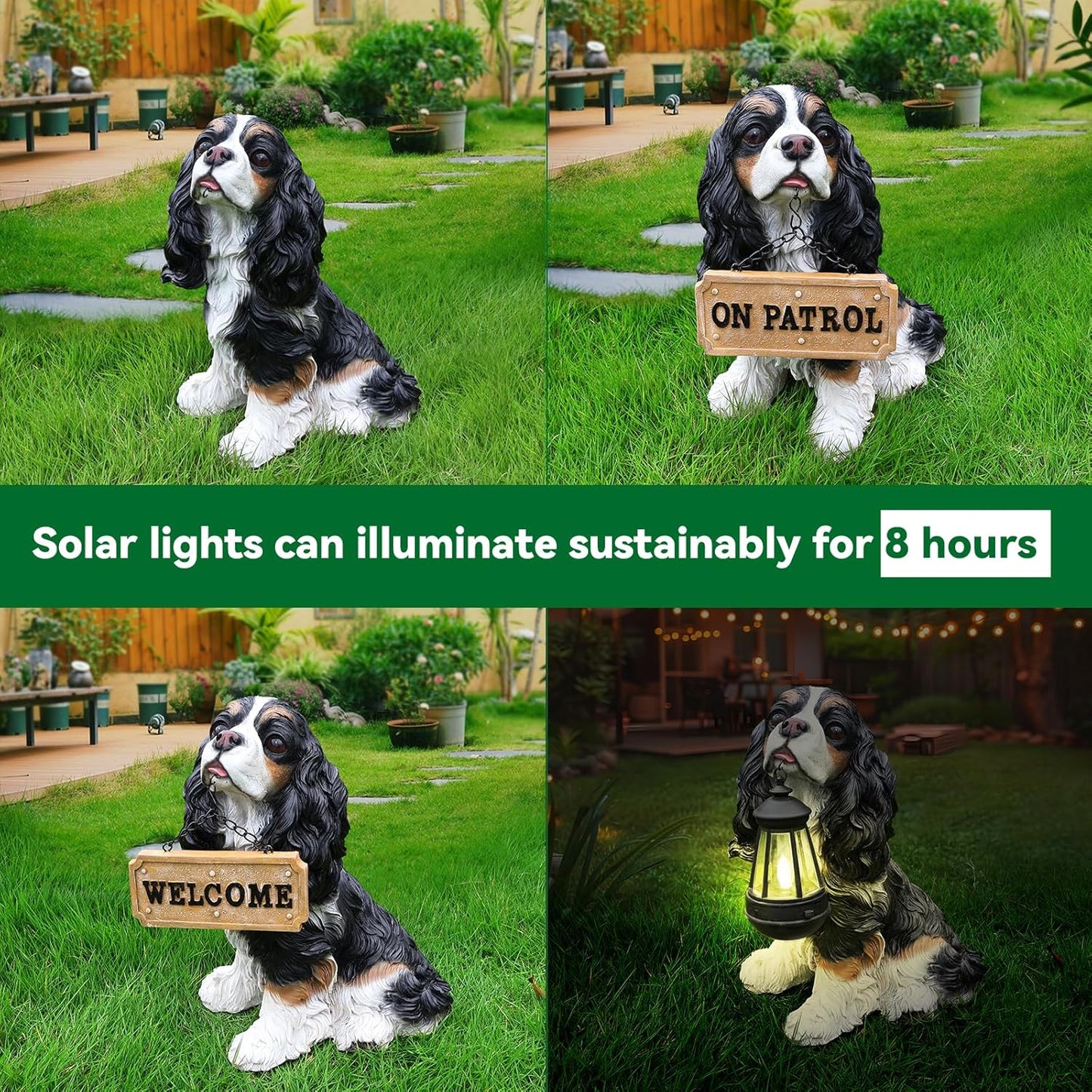 Cavalier King Charles Spaniel Outdoor Dog Statue with Reversible “Welcome/ON Patrol” Hanging Plaque and Solar Porch Lantern, Black & White Sitting