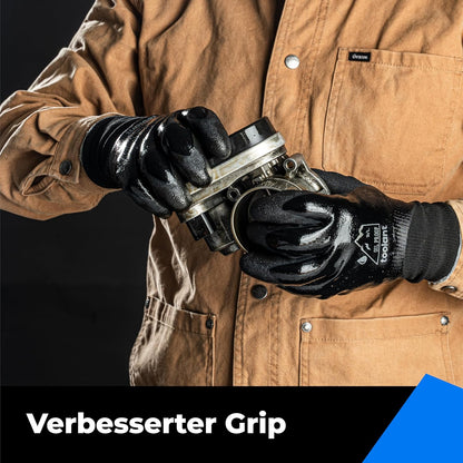 Waterproof Gloves Bulk Pack for Men and Women, 3 Pairs, Freezer Gloves with Grip, Double Nitrile Dipped for Extreme Oil Repellent, for Construction, Mechanics, Mining, Plumbing, Black, Small