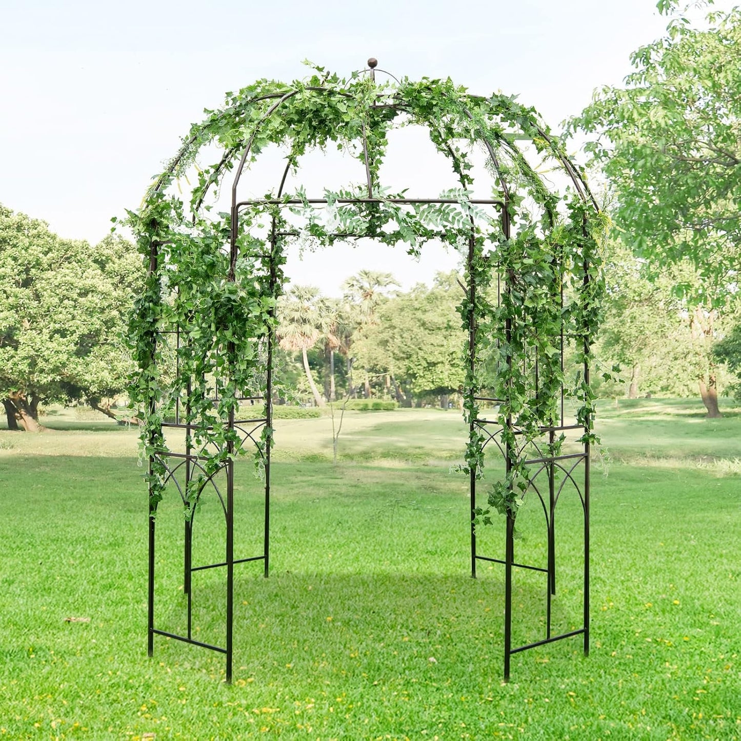 LDAILY Garden Arches Arbors Birdcage Shape, 8.4' H x 7' W Metal Pergola Pavilion with 16 Ground Stakes, French Arch Trellis for Wedding, Party & Outdoor Gardens Supports for Climbing Plants, Brown