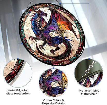 Dragon Stained Glass Window Hanging Suncatchers Stained Glass Panel Sun Catchers Wall Hanging Decor Gifts for Mom,Grandma