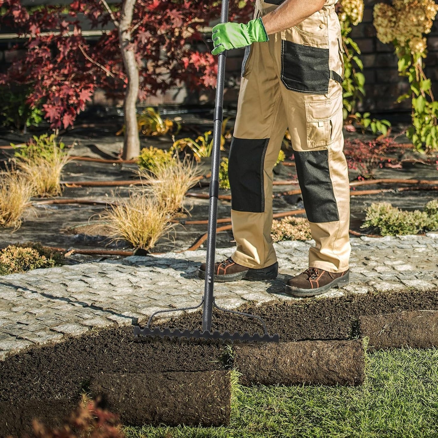 Garden Rake, 6FT Bow Rake Heavy Duty Leveling Rake with Adjustable Handle, 17 Tines Wide Head Metal Thatch Rake for Gardening Leaves Lawn Yard Mulch Rake