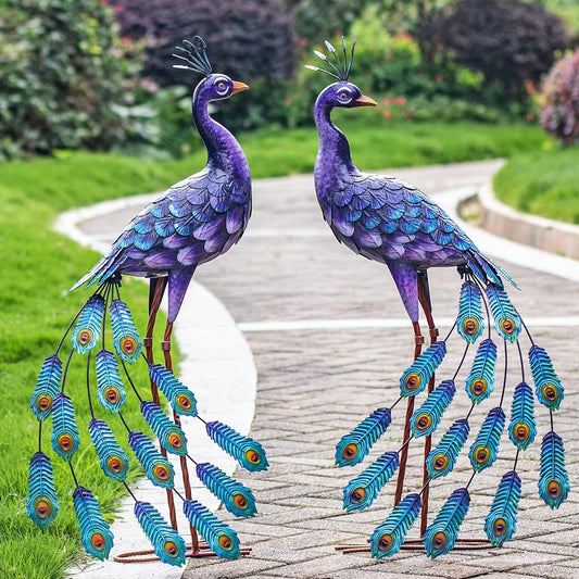 Kircust Purple Peacock Garden Statue and Sculpture, Metal Peacocks Yard Art Lawn Decor, Large Birds Garden Sculptures & Statues for Patio Backyard Pond Home Decoration