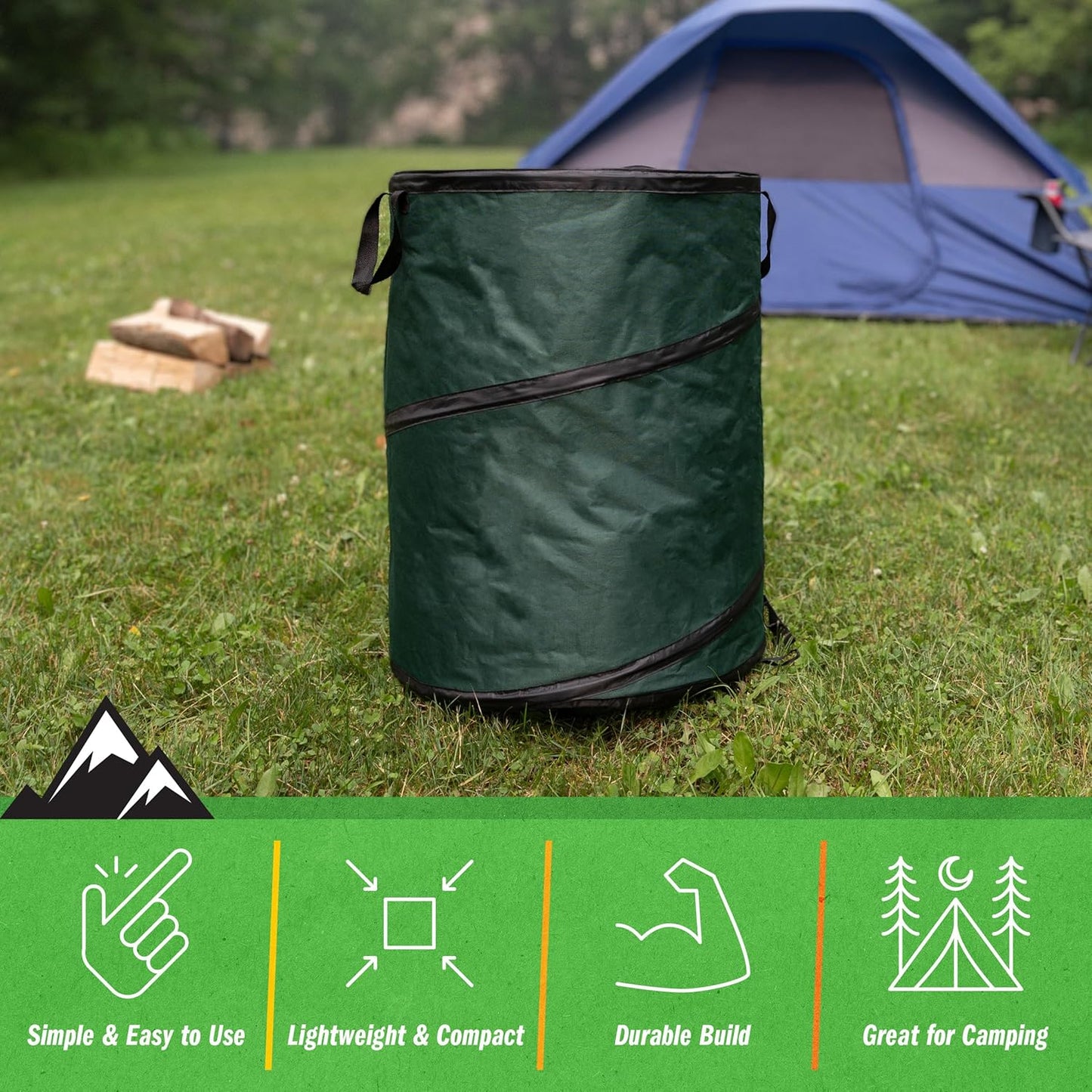 Wakeman Outdoor Trash Can - 46-Gallon Collapsible Garbage Can with 3 Stakes - Pop Up Trash Bin for Camping, Storage, or Yard Waste Outdoors (Green)