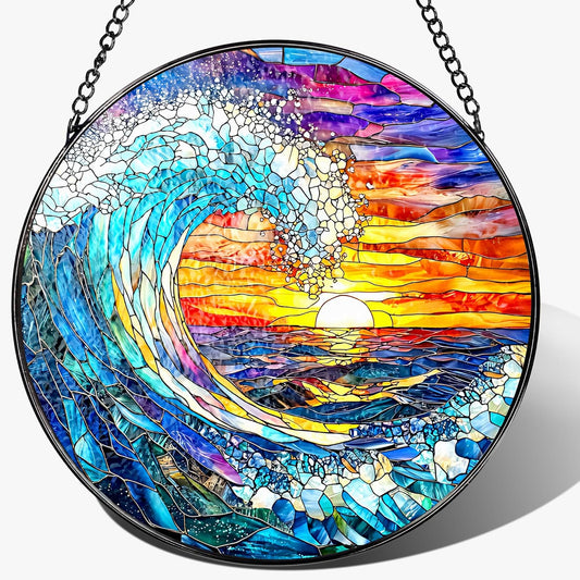 Stained Glass Window Hanging, Pauyadu 8 Inch Sea Waves Stained Glass Suncatcher, Sunset on The