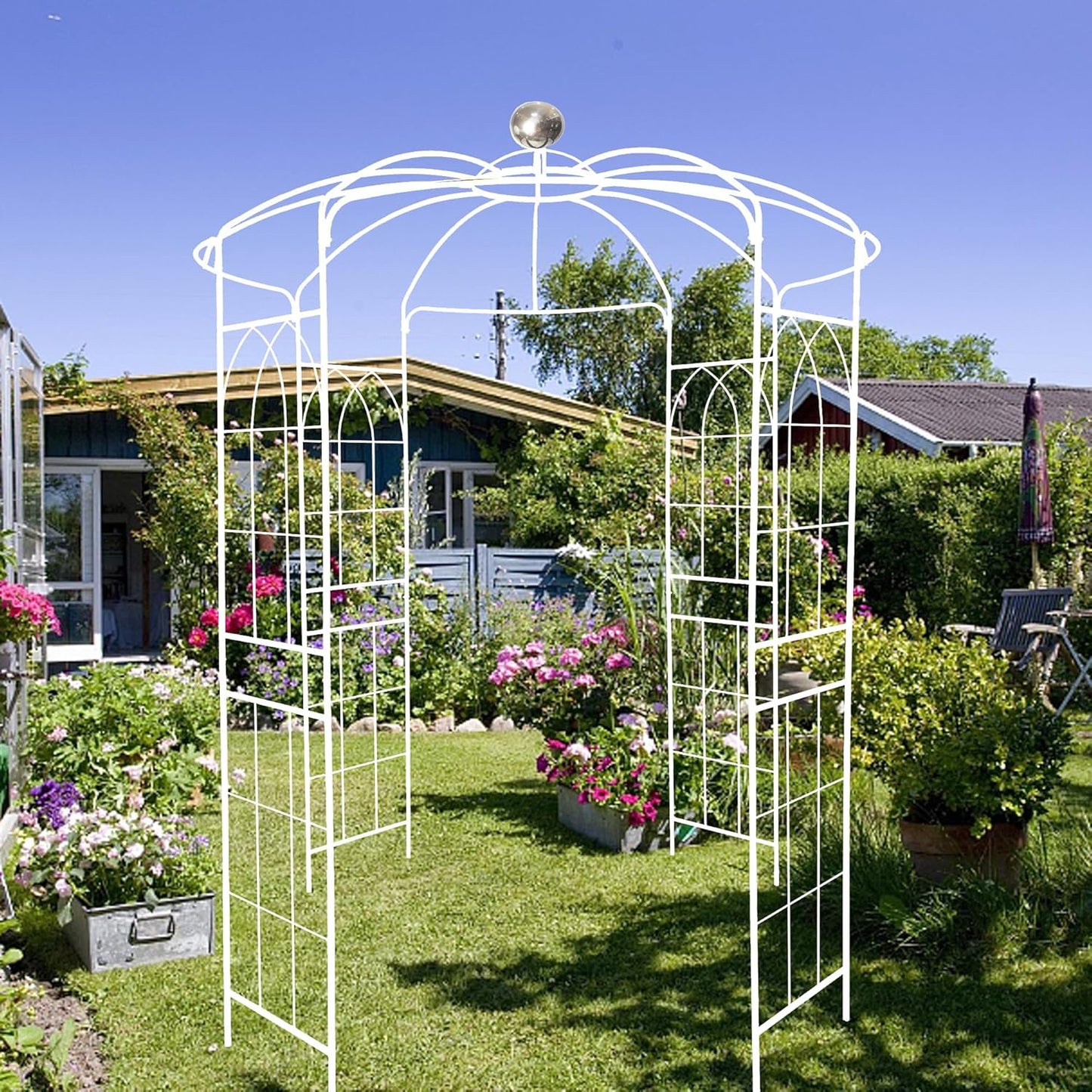 Metal Garden Trellis Arbor Arch Gazebo Birdcage Shape, Off White Pergola Pavilion fpr Climbing Plants Rack French Style Wedding Decoration Lawn