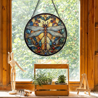 Dragonfly Suncatcher Stained Glass Garden Window Hanging, Dragonfly Sun Catchers Indoor Window Glass Round Wall Decor, Nature Insect Wall Art Hanging Decorations, ＂7.8x7.8＂