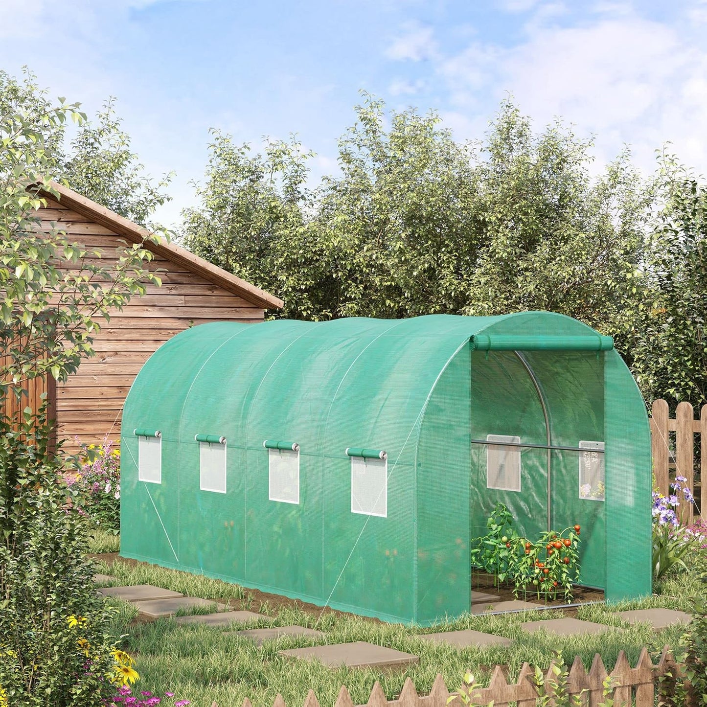 Outsunny 15' x 7' x 6.5' Walk-in Tunnel Hoop Greenhouse, Green House for Outside with PE Cover, Steel Frame, Roll-Up Zipper Door & Windows for Flowers, Vegetables, Tropical Plants, Green