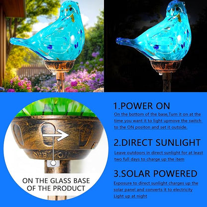 Solar Bird Garden Stake Lights - Hand Blown Glass Decorative Garden Pathway Lights Outdoor Waterproof Bird Glass Stakes (Light Blue)