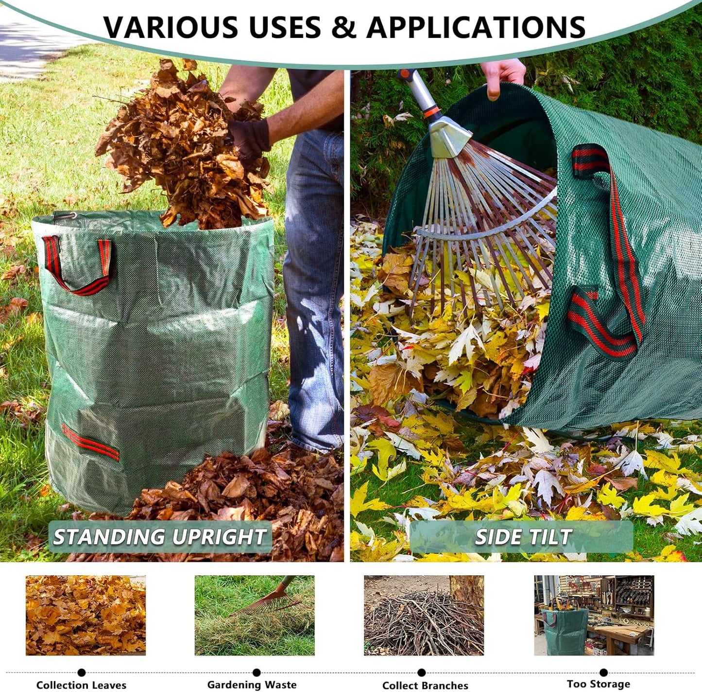 2 Pack 72 Gallon Lawn and Leaf Bags (Green + Black), Heavy Duty Reusable Yard Waste Bags with Reinforced Handles, Collapsible Garden Bags for Leaves, Branches, Grass Waste