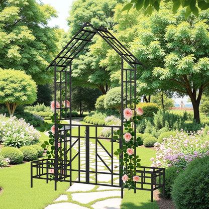 Metal Garden Arch with Gate and Planter 97.24" H Garden Arbor Trellis Climbing Plants Support Rose Arch Outdoor Lawn Wedding Party Events Archway, Black