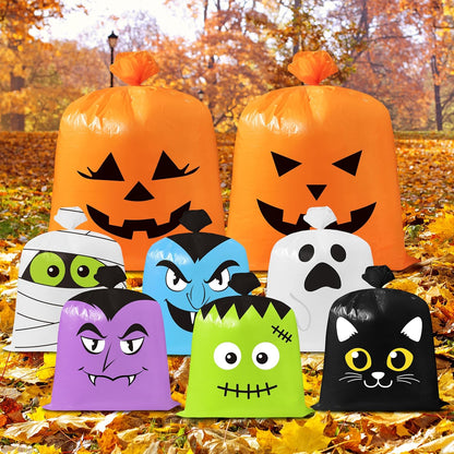 CNhoqc Halloween Lawn Leaf Bags - 8Pcs Halloween Theme Pumpkin Black Cat Ghost Mummy Patterns Waste Bags with Twist Ties, Large Grass Plastic Trash Container for Garden Outdoor Halloween Decorations