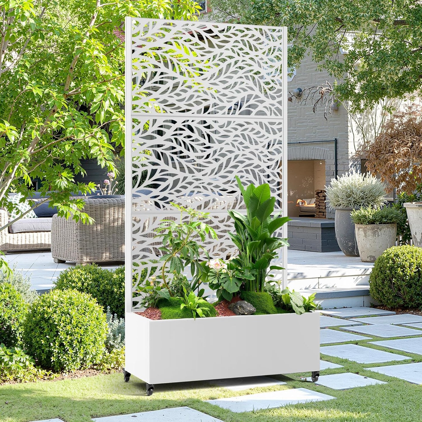 15.7"×70.9"×35.4" Metal Raised Garden Bed with Trellis and Wheels - Tall Trellis Planter Box for Climbing Plants, Vegetables & Vines - Outdoor Privacy Planters for Patio (White-Spring)