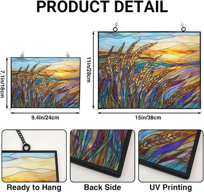 Personalized Rectangle Art Nouveau Swaying Wheat Field Stained Glass Window Hanging, Stained Glass Window Decor Suncatcher for Women, Perfect Home Décor