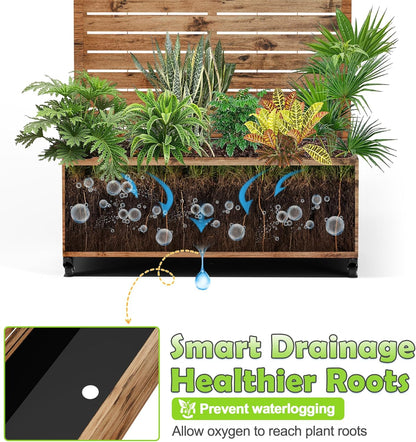 15.7"×70.9"×35.4" Metal Raised Garden Bed with Trellis and Wheels - Tall Trellis Planter Box for Climbing Plants, Vegetables & Vines - Outdoor Privacy Planters for Patio (Natural Wood Grain)