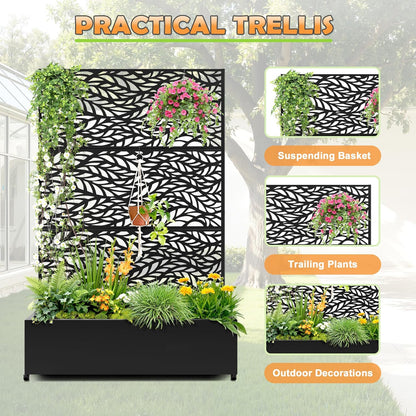 Metal Raised Garden Bed with Trellis, 2-in-1 Planter Box & Privacy Screen for Climbing Plants, Outdoor Standing Flower Bed with Drainage Holes, 47.2" L x 16.7" W x 70.8" H, Black-Spring