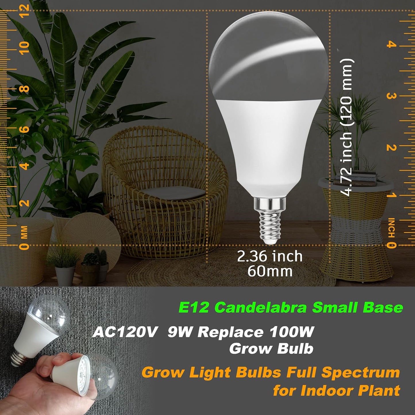 E12 Candelabra Small Base Grow Light Bulbs for Indoor Plants Full Spectrum 9W Grow Lamp 100W Replace with Blue Red 5000K LEDs for Seeds and Greens,Laboratory,Greenhouse,Garden,DIY Horticulture, 3 Pack