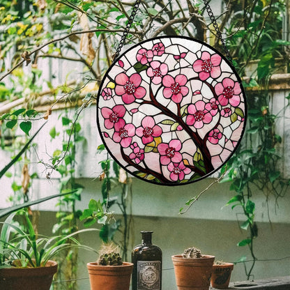 Stained Glass Window Hanging - Cherry Blossoms Birth Flower Suncatcher for Door Garden Patio Sun Catchers Decor Christmas Mother's Day Birthday Gifts for Women Mom Nana Friend Wife 9.8 in