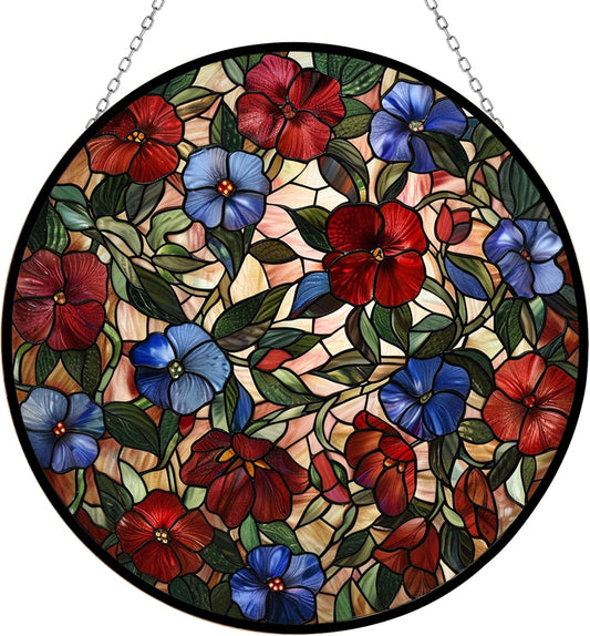 Roses Stained Glass Cat Sun Catcher, Wall Hanging Colored Decor Room Indoor Window Decor