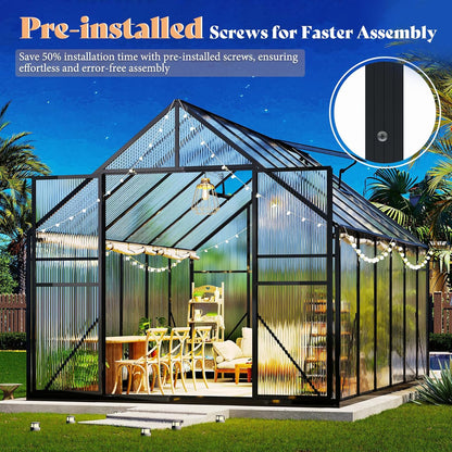 Amerlife 8x8x7 FT Outdoor Polycarbonate Greenhouse, Walk-in Aluminum Frame Design with Two Windows & Swing Door, Durable Garden Structure in Black