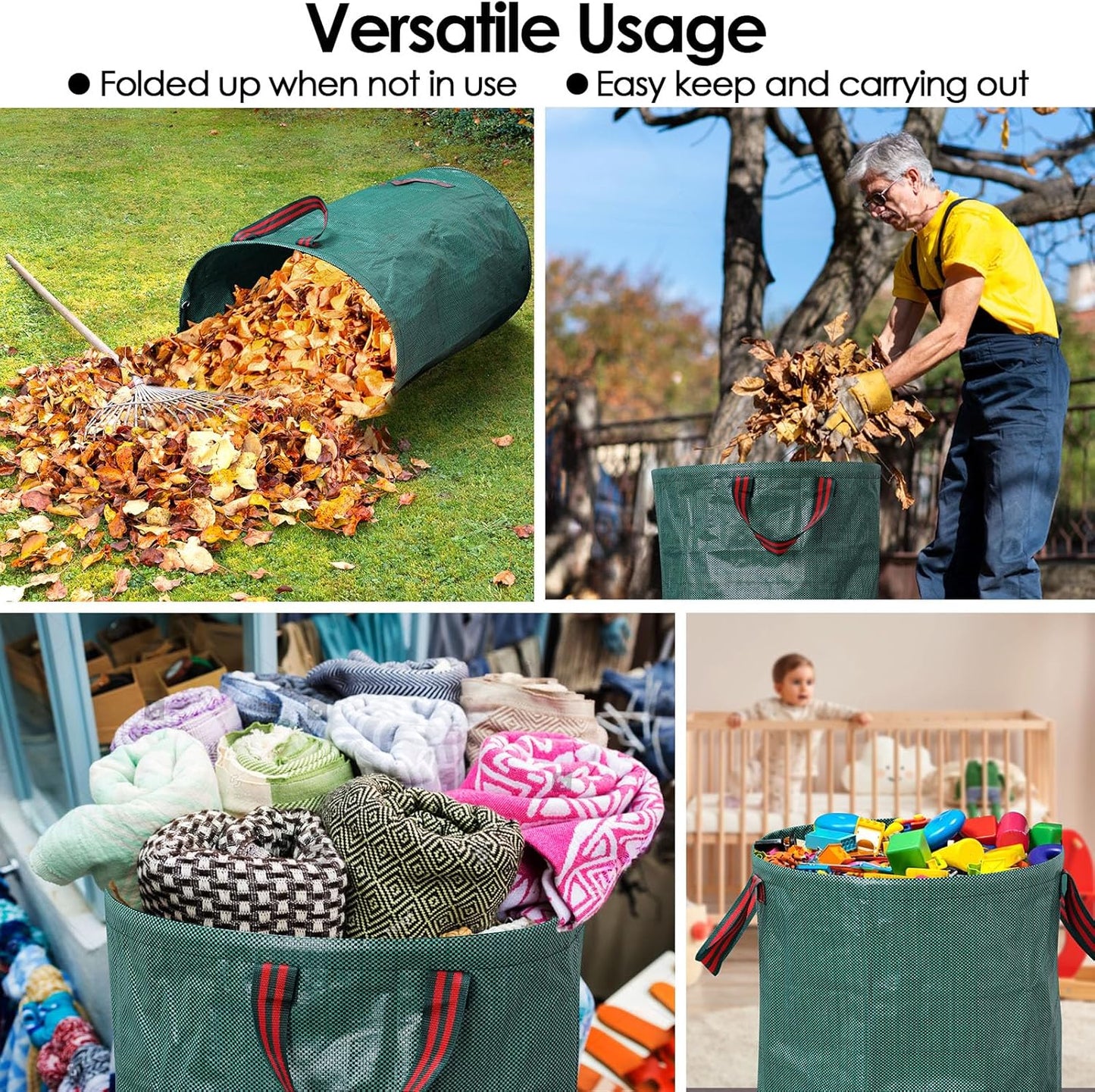 3-Pack 72 Gallon Yard Waste Bags, Reusable Heavy Duty Collapsible Garden Leaf Bags with Plastic Ring,with Gardening Gloves,Stand-Up Yard Waste Bin for Leaves, Lawn Debris & Grass Clippings