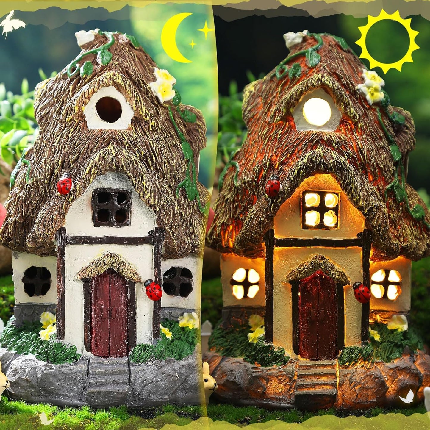 Leyndo 28 Pcs Solar House Garden Accessories Fairy Light up Fairy Figures Garden Kit Resin Miniature Mushroom House Figures Micro Landscape Ornaments(Classic)