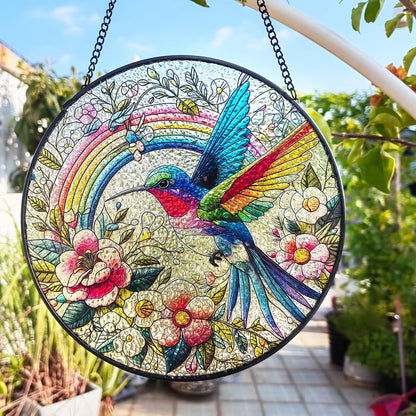 Hummingbird Suncatcher Stained Glass Window Hanging Original Design of 7.8''Hummingbirds Rainbow Flowers for Sun Catchers Indoor Wall Art Home Decor Gift Painted Glass Panel