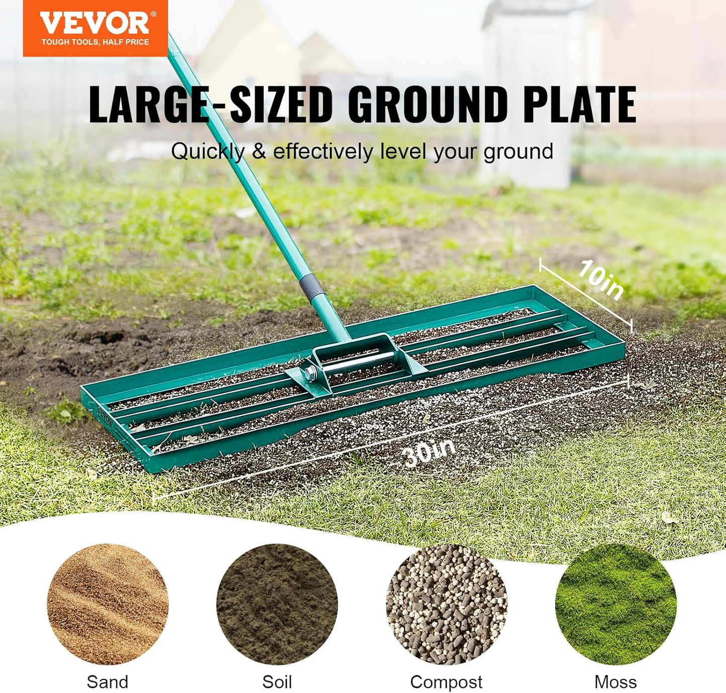 VEVOR Lawn Leveling Rake, 30" x10" Level Lawn Tool, Heavy-Duty Lawn Leveler with 78"" Steel Extended Handle, Yard Leveling Rake Suit for Garden, Golf Lawn, Farm, Green