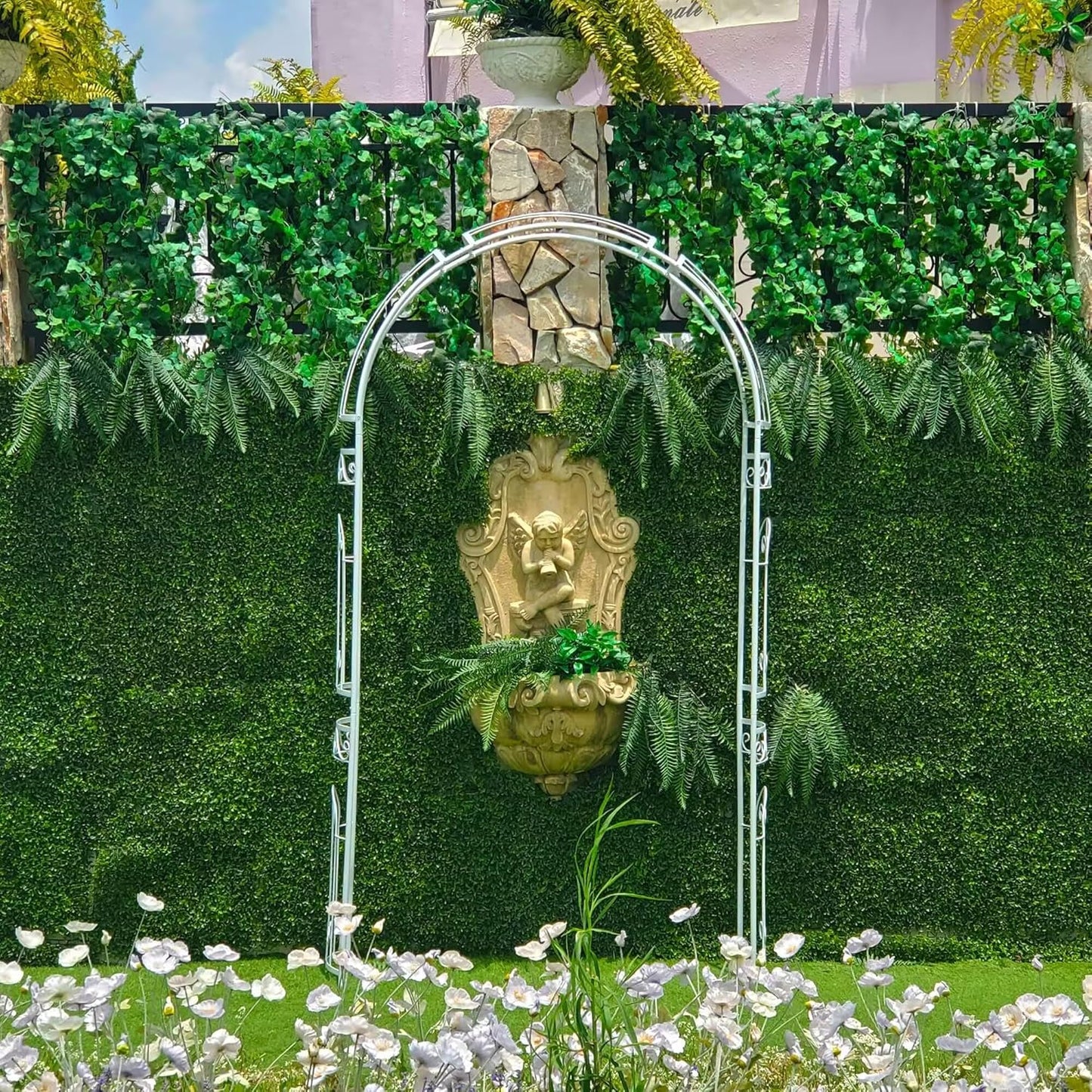 White Wedding Arch Garden Arbor Curved Metal Archway with Elegant Curve for Climbing Plants Roses Vines Garden Lawn Backyard Patio Wedding Outdoor Ceremony