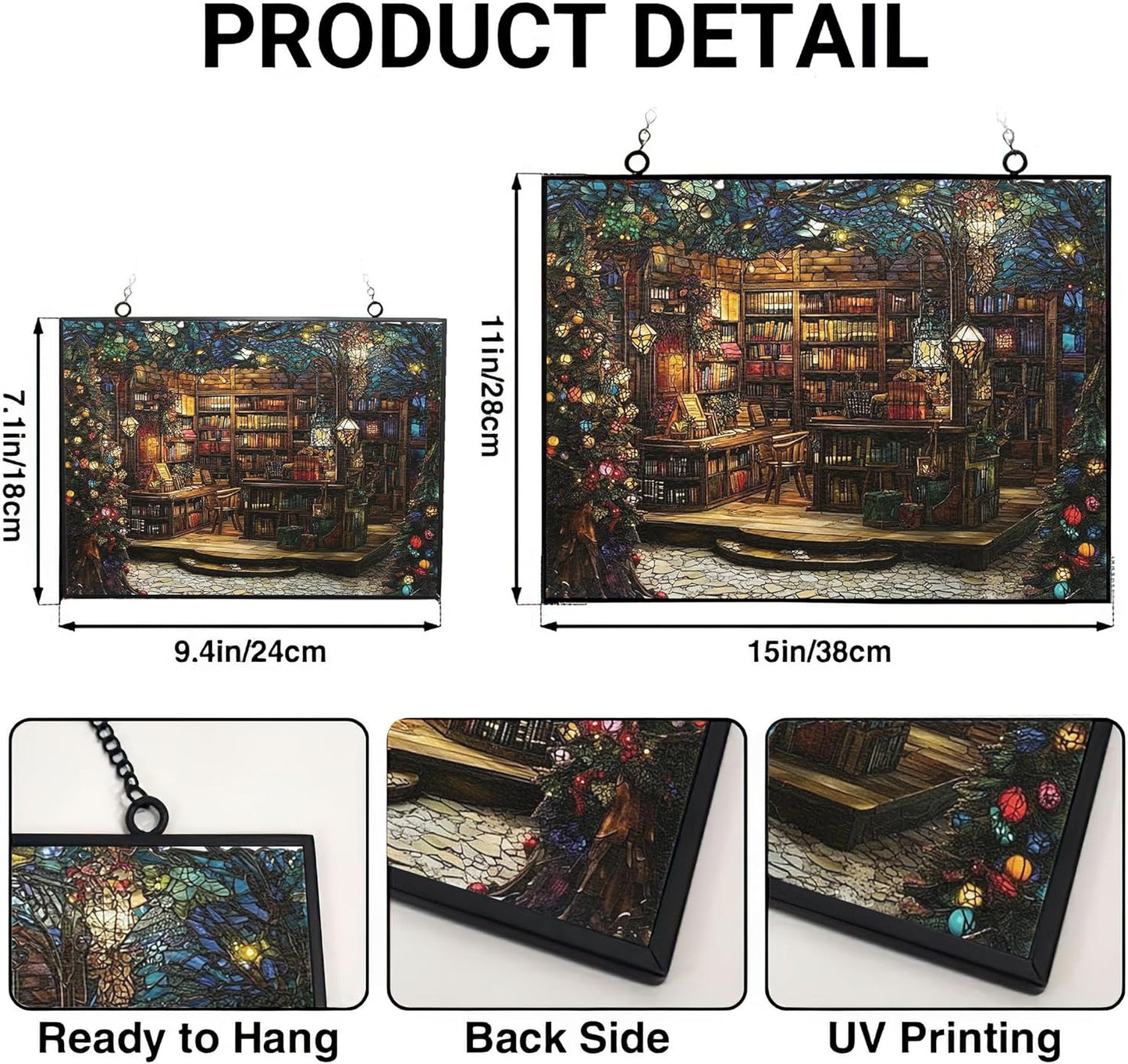 Rectangle Christmas Bookstore Stained Glass Sun Catcher, Wall Hanging Colored Decor Room Indoor Window Decor, Halloween, Christmas Hanging Ornament