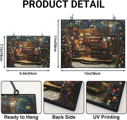 Rectangle Christmas Bookstore Stained Glass Sun Catcher, Wall Hanging Colored Decor Room Indoor Window Decor, Halloween, Christmas Hanging Ornament