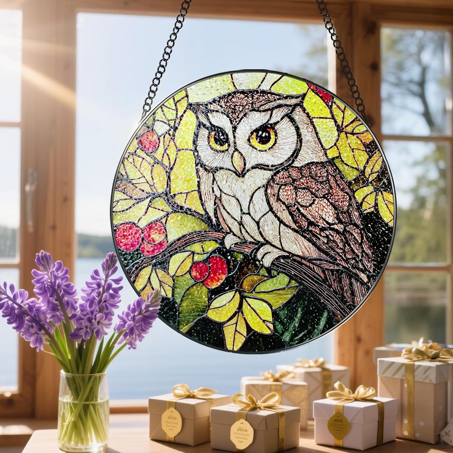 Stained Glass Window Hanging, 8 Inch Owl Suncatcher Stained Glass Ornament, Suncatchers for Windows Hanging, Sun Catchers Indoor Window, Owl Gifts, Gifts for Bird Lovers, Mom Gift