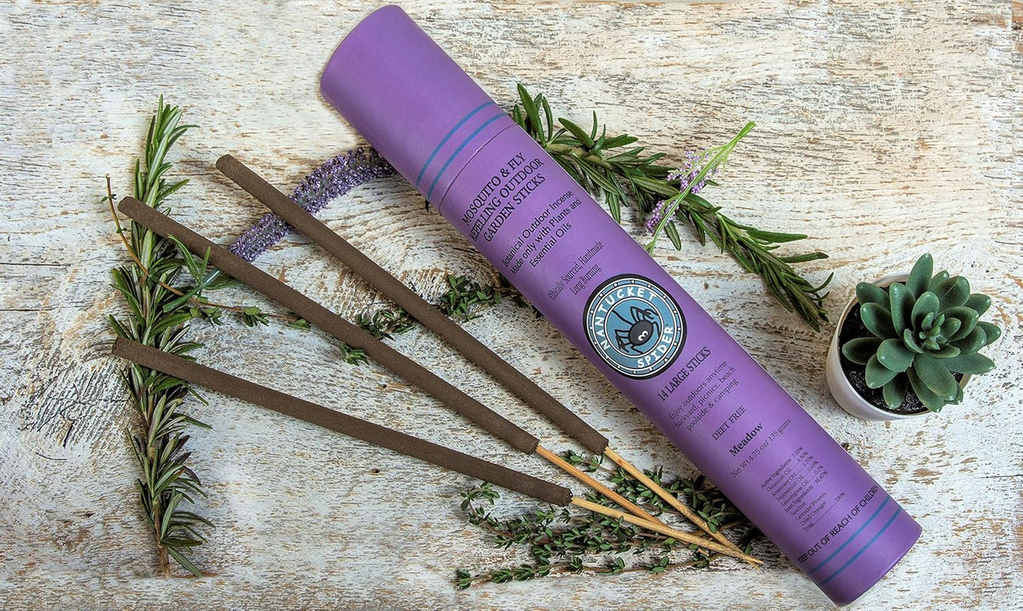 Nantucket Spider Mosquito Sticks and Holder | Mosquito Repellent Sticks 14 Pack and Holder | Repels Mosquitoes & Flies | Long Lasting | Meadow Scent