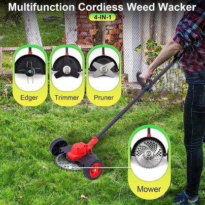 Electric Weed Wacker Cordless Weed Eater Battery Powered, 21V Stringless Grass Trimmer/Edger/Brush Cutter/Lawn Mower, 2 Battery with Wheel & Blades for Yard Garden