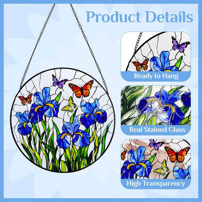 Stained Glass Window Hanging Iris Flower Suncatcher, Renyalora 10 Inch Round Glass Sun Catcher for Window Outdoor Garden Decor Butterfly Wall Art for Home, Patio, Porch Gift for Nature Lovers & Women