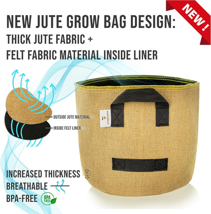 Grow Bags: 5-Pack (Size: 1 Gallon): Thick Jute Material + Inside Felt Fabric Liner, w/Yellow Stitch. Very Biodegradable and eco-Friendly Material. (Handles + Dumping Handles-pat.Pend).