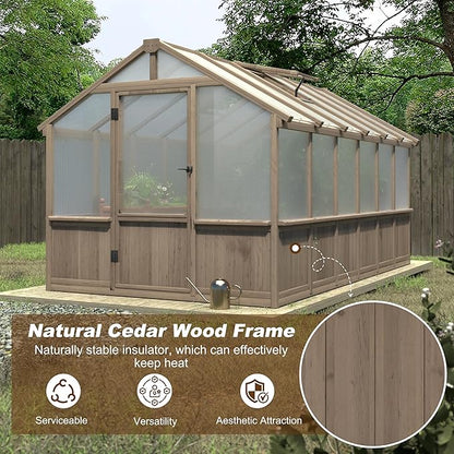 BlueWish 8x12 FT Greenhouse for Outdoors, Wood Green House with Cedar Frame & 6MM Thick Polycarbonate Panel, Walk in Greenhouse with Adjustable Vents for Outdoor, Patio, Garden, Backyard