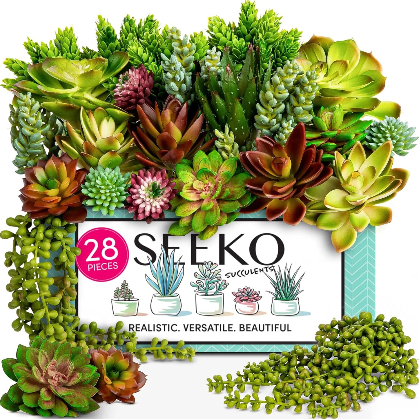 SEEKO Succulents Artificial Plants (28 Pack) - Artificial Succulents Unpotted - Premium Faux Plants - Fake Succulent for Craft - Small Plastic Assortment for Party, Cake, Garden, Home & Outdoor Decor