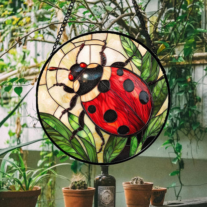 Stained Glass Window Hanging - Red Seven-Spotted Ladybug Sun Catcher for Door Home Decor Insect Suncatcher Christmas Mother's Day Birthday Gifts for Women Men Mom Nana 15 in