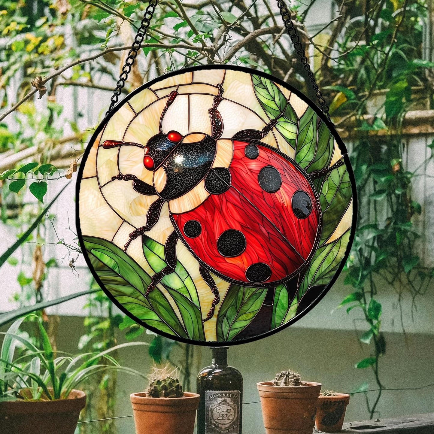 Stained Glass Window Hanging - Red Seven-Spotted Ladybug Sun Catcher for Door Home Decor Insect Suncatcher Christmas Mother's Day Birthday Gifts for Women Men Mom Nana 7.8 in