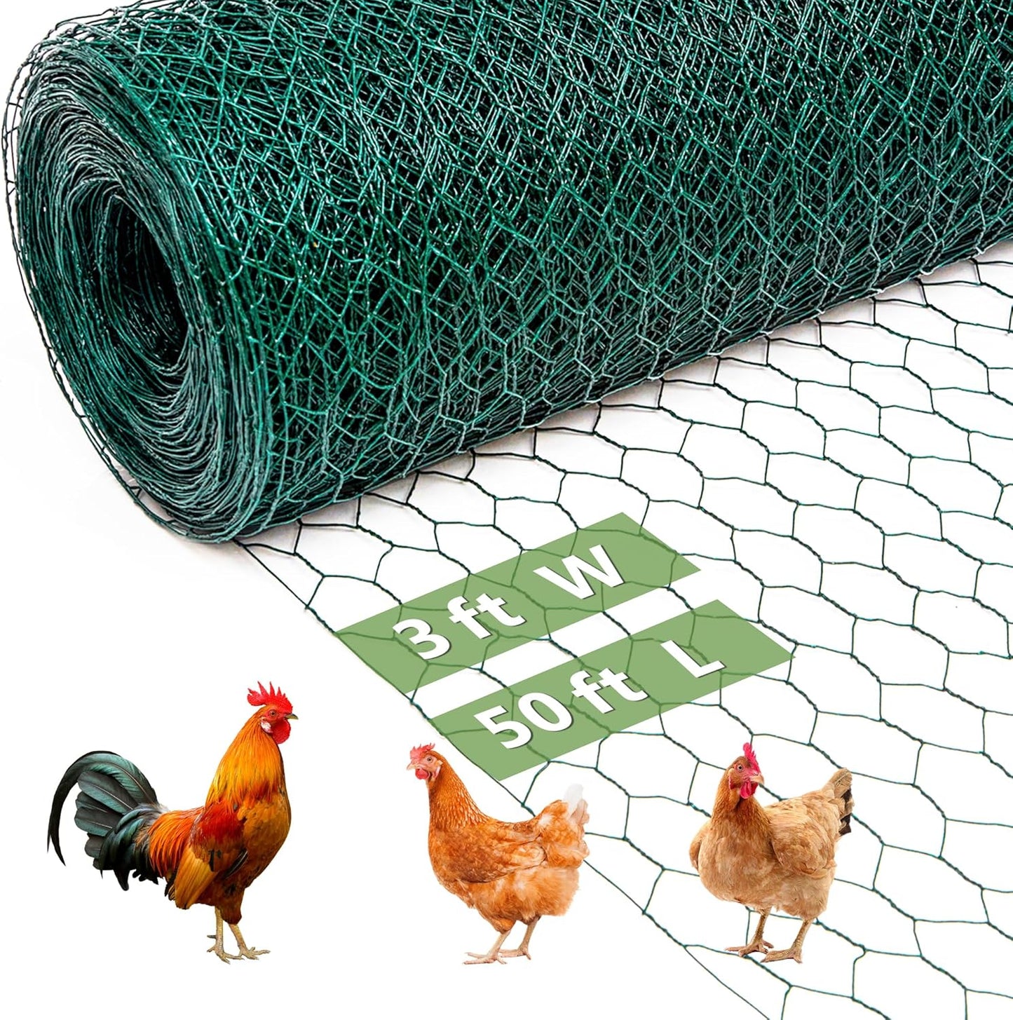 Galvanized Hexagonal Floral Chicken Wire Fencing Mesh, Outdoor Anti-Rust Poultry Netting for Garden Fence (3 ft x 50 ft, PVC Coated)