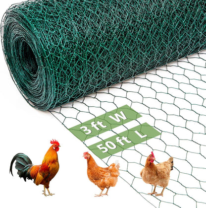 Galvanized Hexagonal Floral Chicken Wire Fencing Mesh, Outdoor Anti-Rust Poultry Netting for Garden Fence (3 ft x 50 ft, PVC Coated)