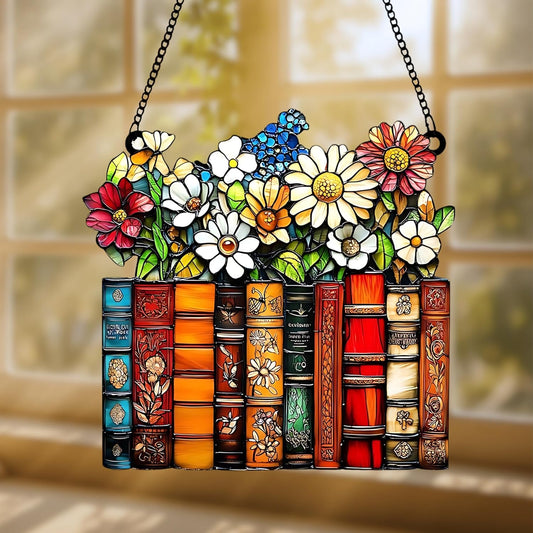 Floral Books Acrylic Suncatcher Stained Glass Effect Window Car Hanging Christmas Ornament Indoor