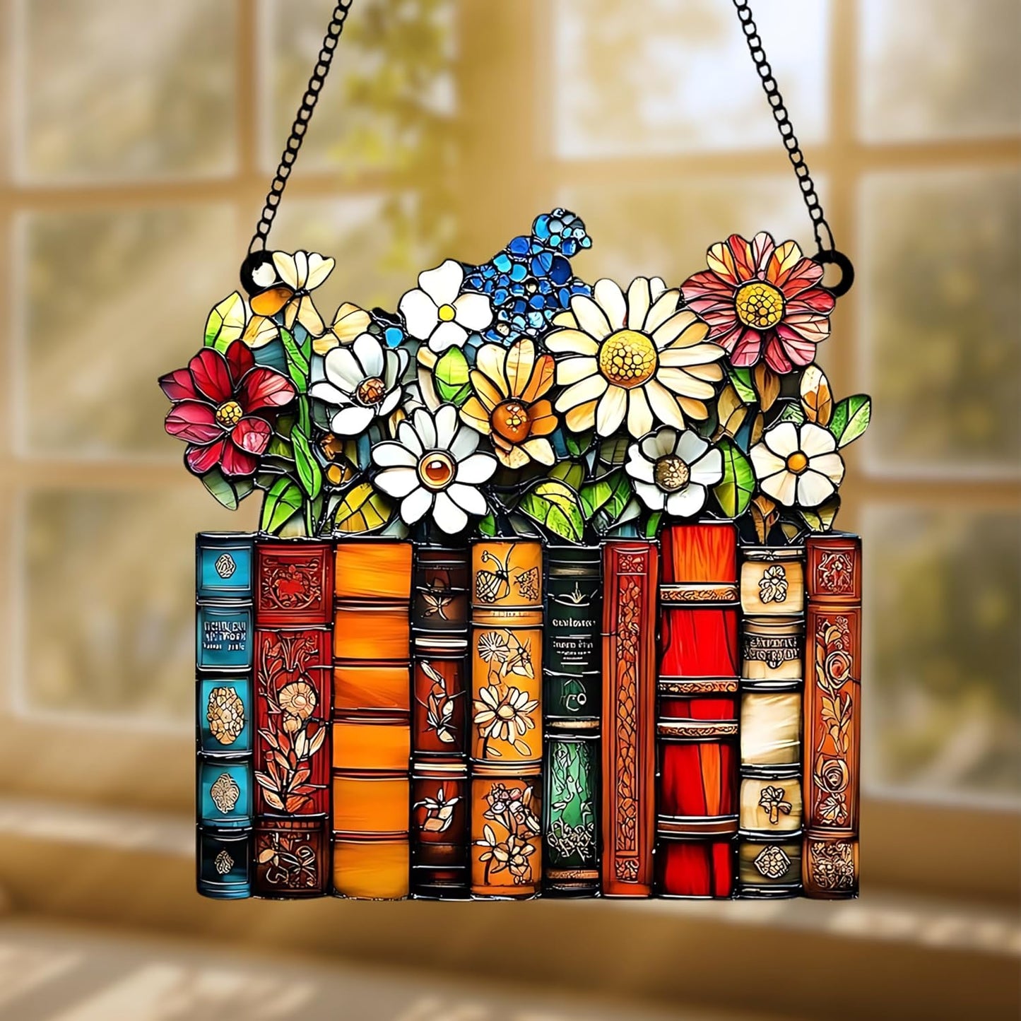 Floral Books Acrylic Suncatcher Stained Glass Effect Window Car Hanging Christmas Ornament Indoor Outdoor Decor Garden Bookworm Sun Catcher Gifts for Bookish Lover for Women Mom Grandma