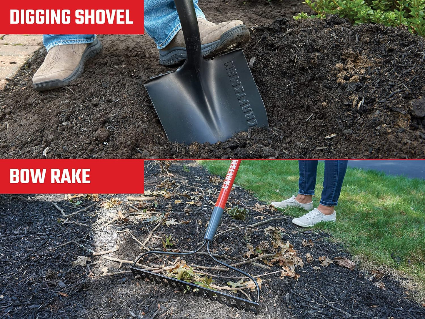Craftsman 2-Piece Garden Tool Set with Digging Shovel and Bow Rake, Fiberglass Handles, Cushion Grips, for Landscaping, Gardening & Construction