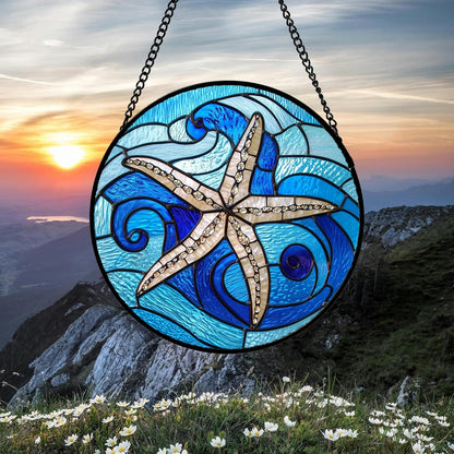 Stained Glass Window Hanging 4 Pcs Set Blue Ocean Waves 6.3" - Starfish Crab Seal Suncatcher Door Garden Sun Catcher Decor Birthday for Mom Woman Nana Men Friend