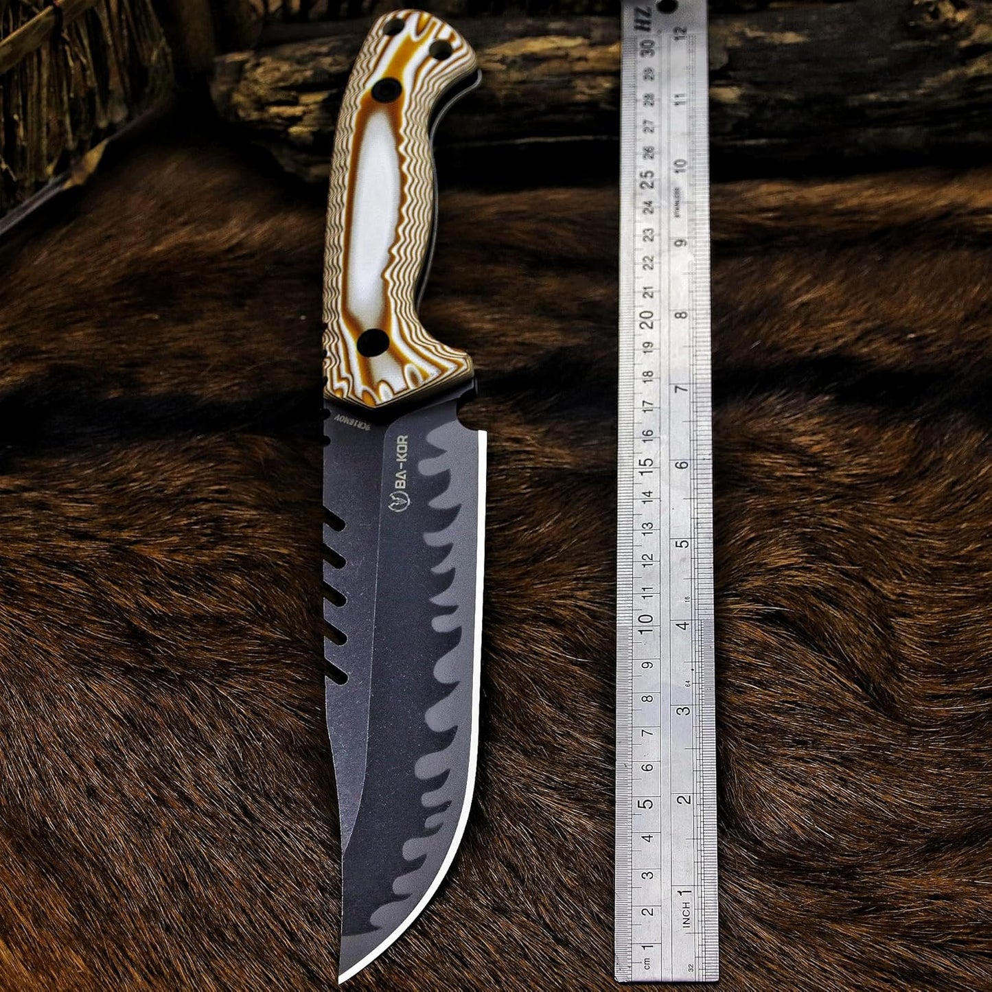 BA-KOR 12.4in Full Tang Fixed Blade Hunting Knife – 6mm 9CR18MoV Steel, G10 Handle, Stonewashed Sawback Blade with Kydex Sheath & Fire Starter for Outdoor, Camping, Survival (White and brown stripes)