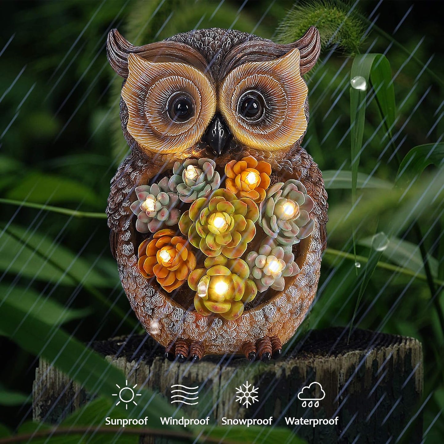 FORUP Owl Garden Statue, Resin Owl Figurine Garden Lawn Ornaments with Solar LED Lights for Outdoor Yard Garden Decorations